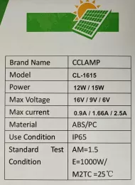 Panou solar - 16 V - 15 W - CL-1615 - CcLAMP